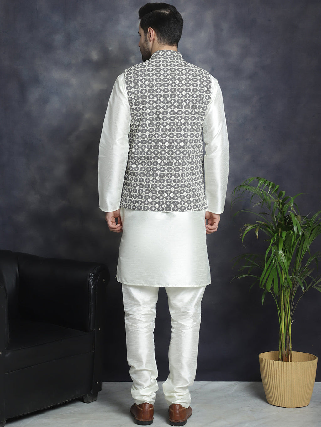 Jompers Men's Embroidred Nehru Jacket With Solid Kurta Pyjama - Grey | Grocsy
