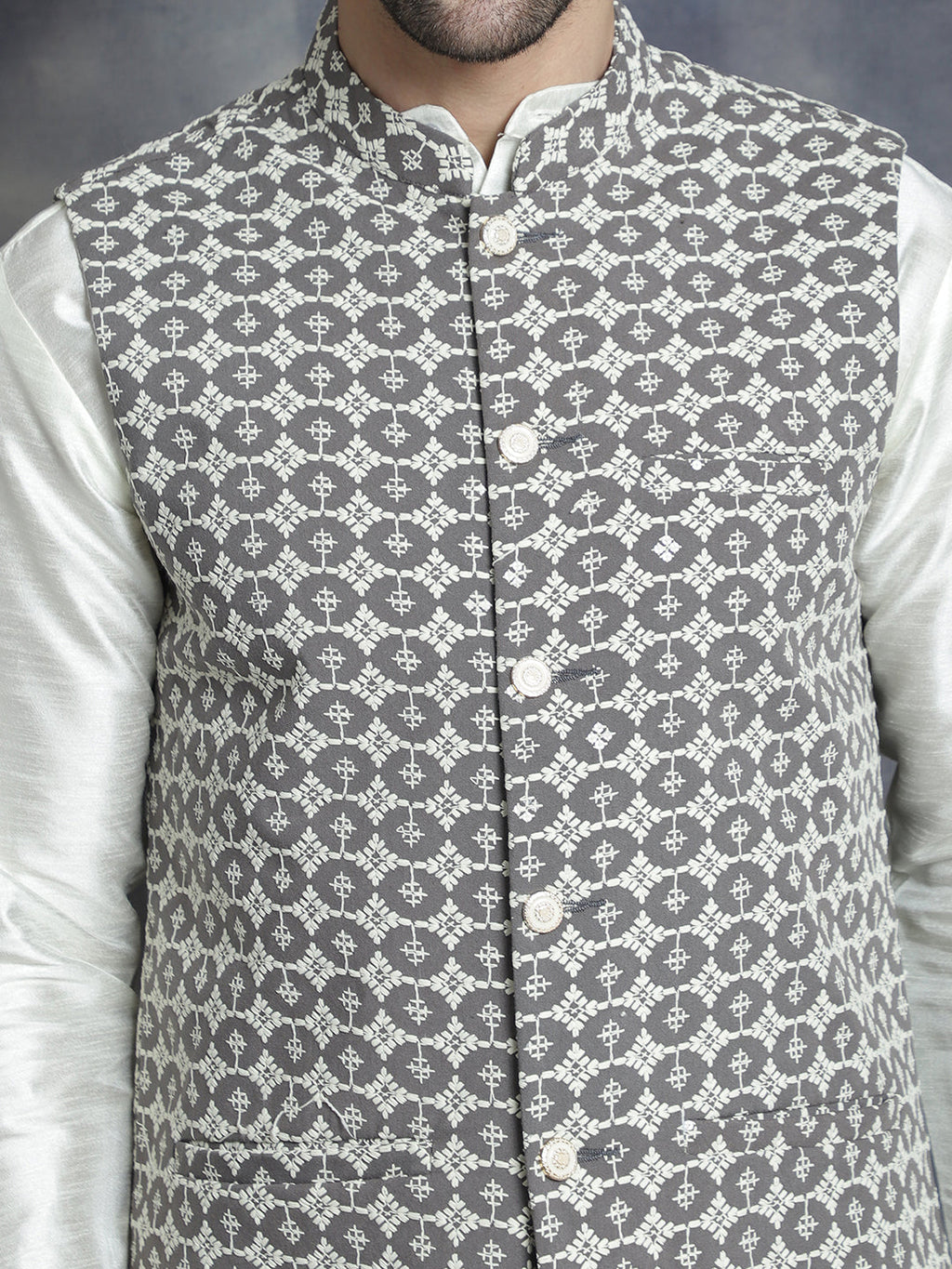 Jompers Men's Embroidred Nehru Jacket With Solid Kurta Pyjama - Grey | Grocsy