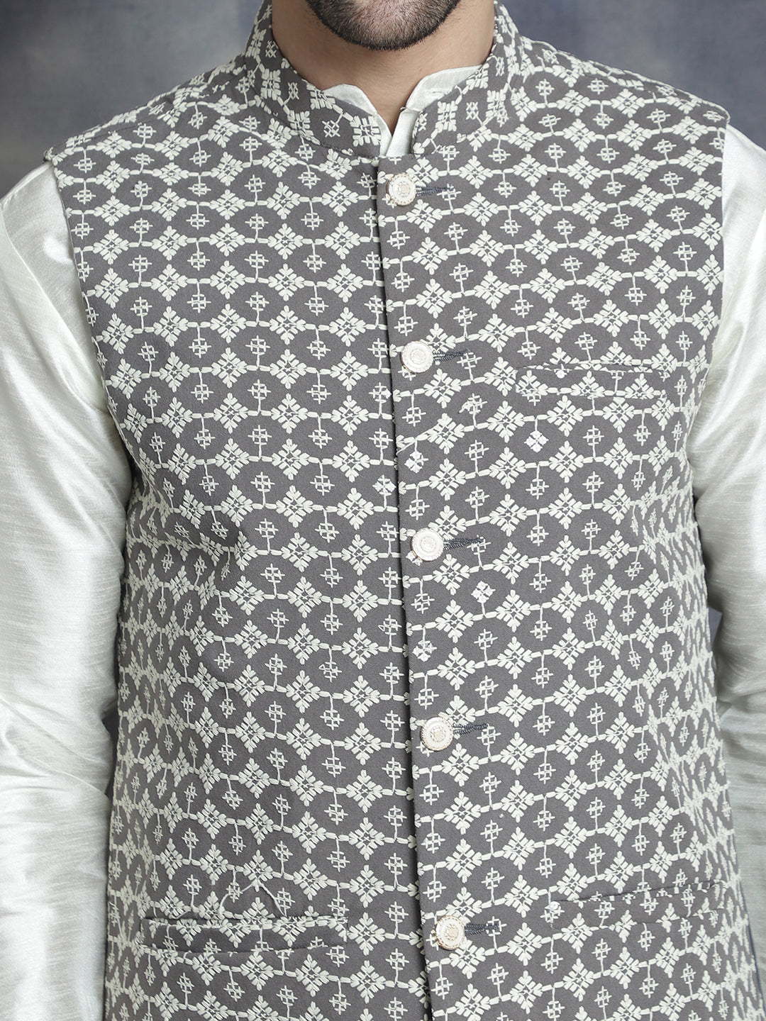Jompers Men's Embroidred Nehru Jacket With Solid Kurta Pyjama - Grey | Grocsy