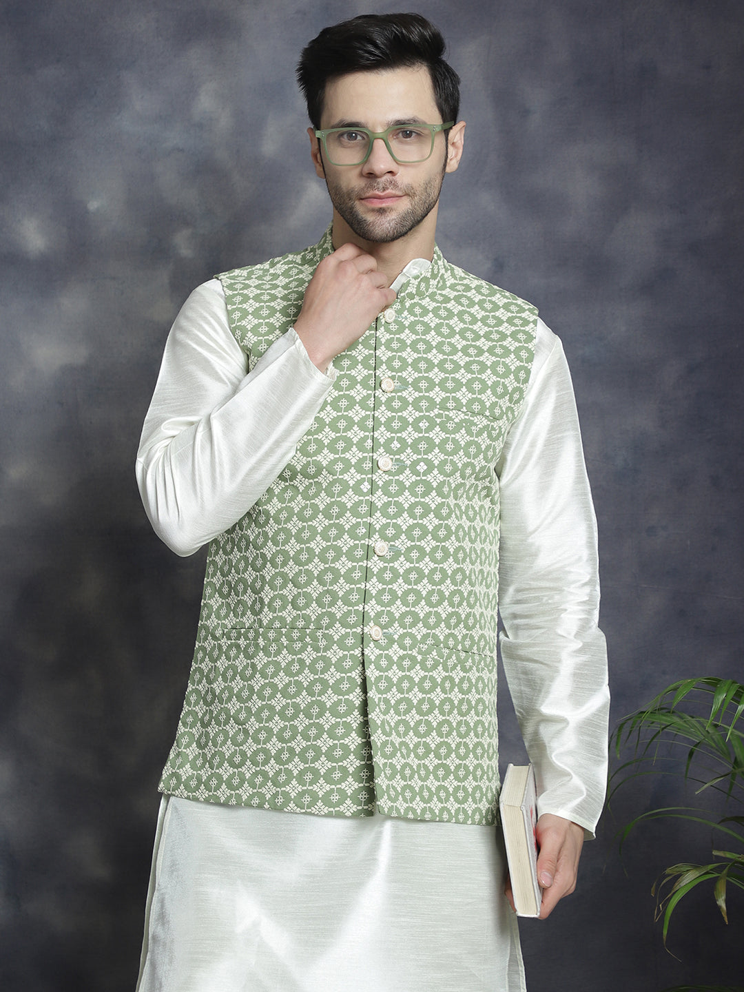Jompers Men's Embroidred Nehru Jacket With Solid Kurta Pyjama - Mehndi | Grocsy