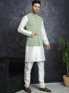 Jompers Men's Embroidred Nehru Jacket With Solid Kurta Pyjama - Mehndi | Grocsy