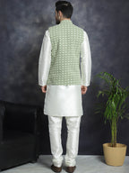 Jompers Men's Embroidred Nehru Jacket With Solid Kurta Pyjama - Mehndi | Grocsy