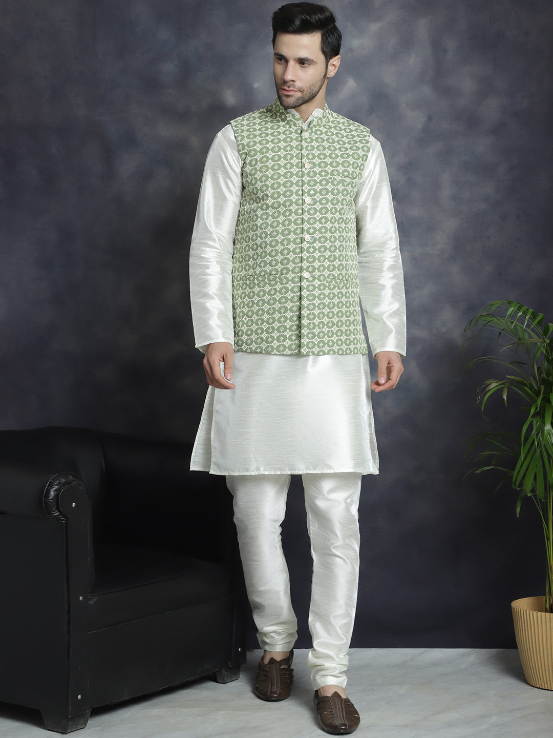 Jompers Men's Embroidred Nehru Jacket With Solid Kurta Pyjama - Mehndi | Grocsy