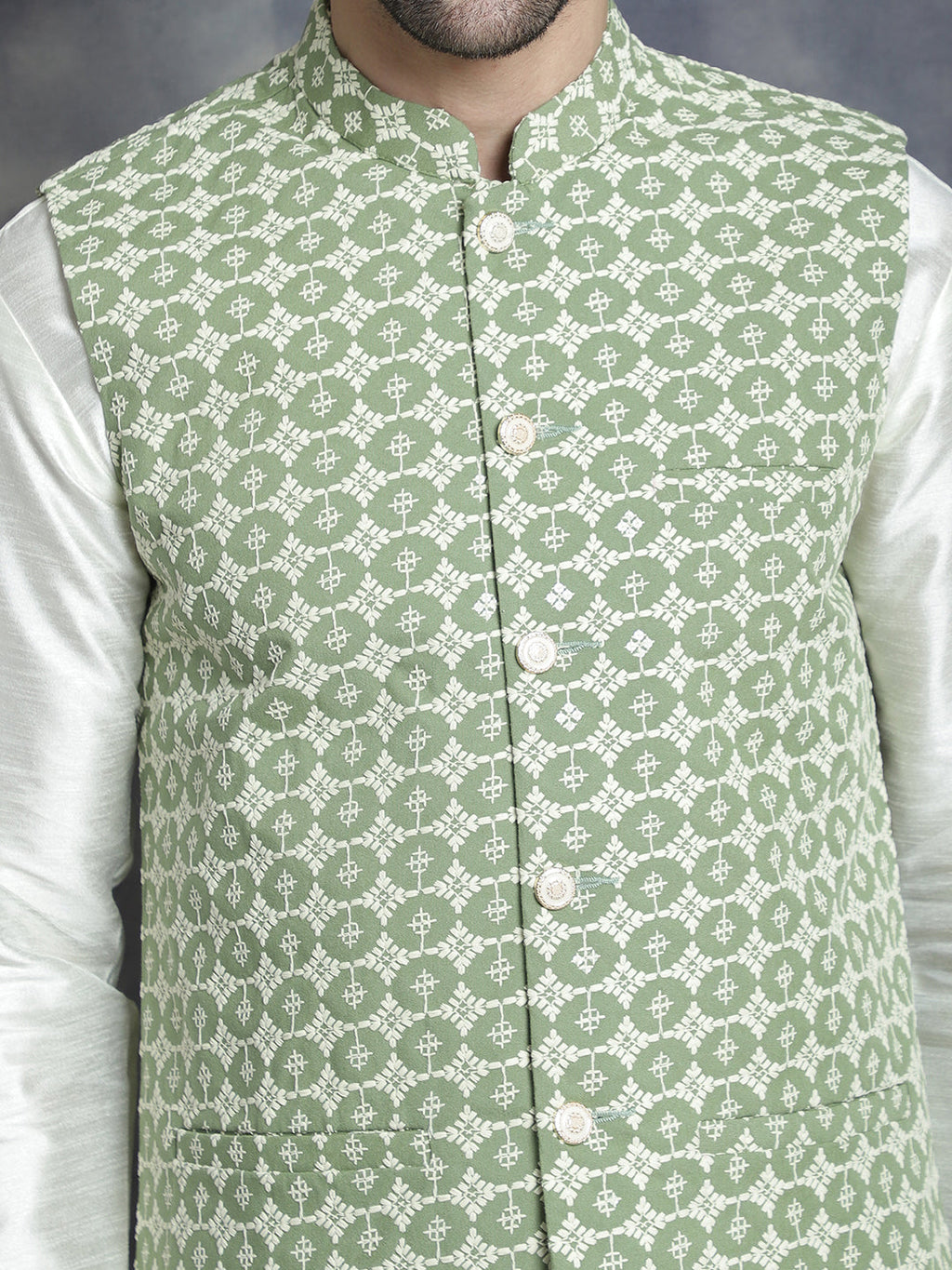 Jompers Men's Embroidred Nehru Jacket With Solid Kurta Pyjama - Mehndi | Grocsy