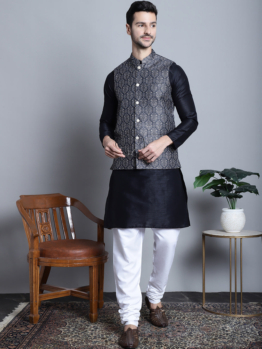 Jompers Men's Printed Nehru Jacket With Kurta Pyjama Set - Charcoal | Grocsy