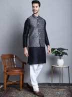 Jompers Men's Printed Nehru Jacket With Kurta Pyjama Set - Charcoal | Grocsy