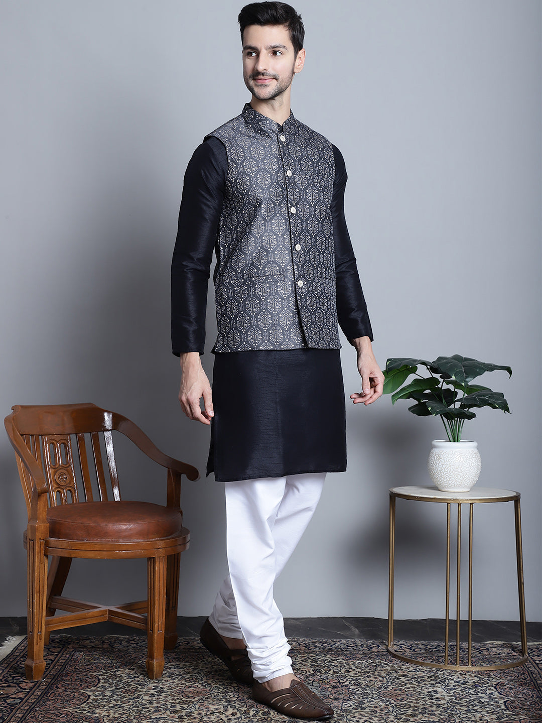 Jompers Men's Printed Nehru Jacket With Kurta Pyjama Set - Charcoal | Grocsy