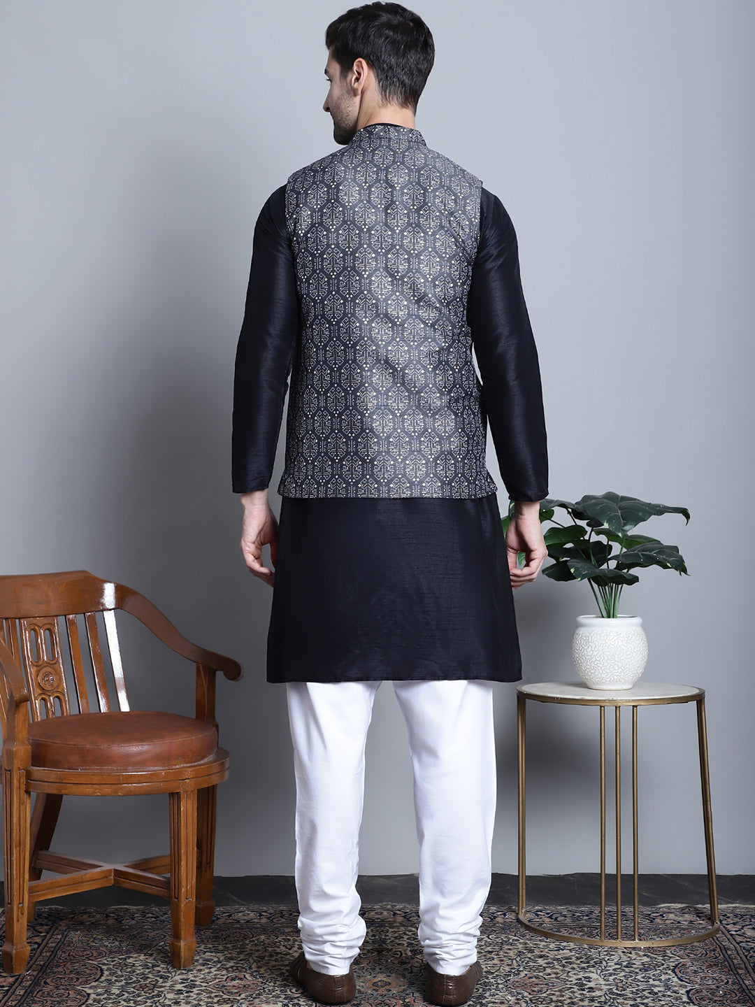Jompers Men's Printed Nehru Jacket With Kurta Pyjama Set - Charcoal | Grocsy