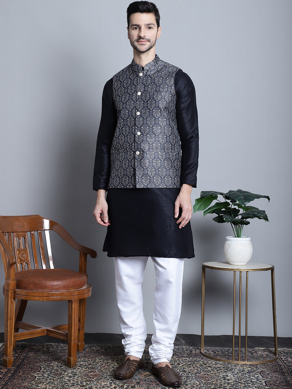 Jompers Men's Printed Nehru Jacket With Kurta Pyjama Set - Charcoal | Grocsy