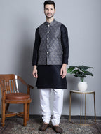Jompers Men's Printed Nehru Jacket With Kurta Pyjama Set - Charcoal | Grocsy