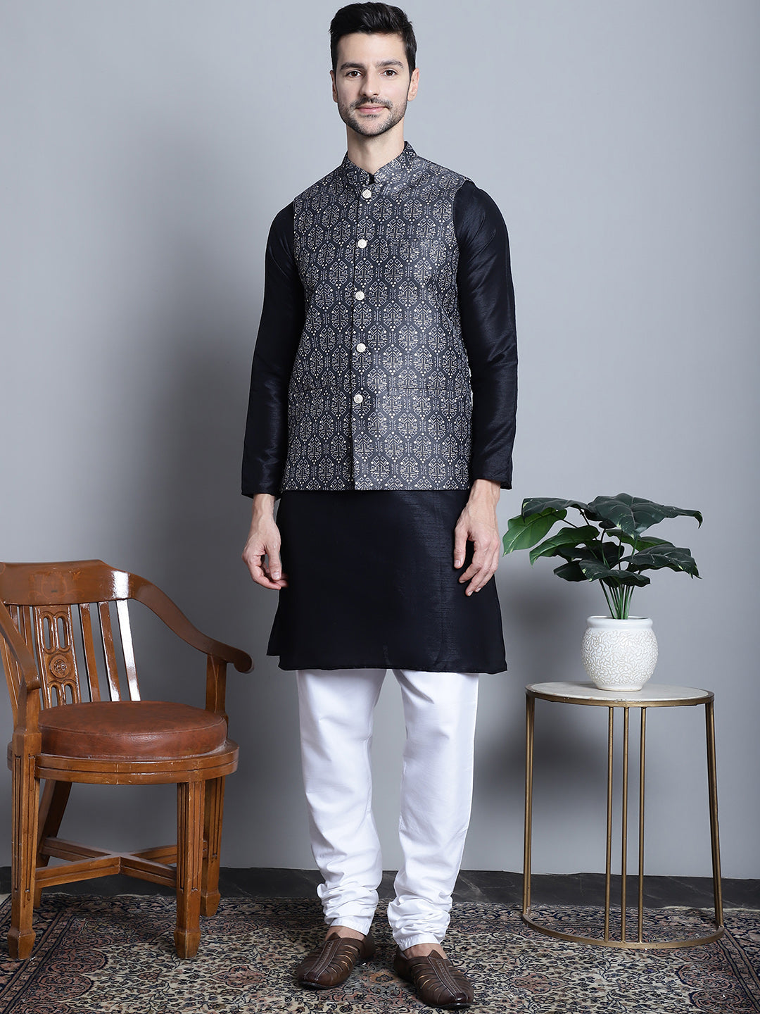 Jompers Men's Printed Nehru Jacket With Kurta Pyjama Set - Charcoal | Grocsy
