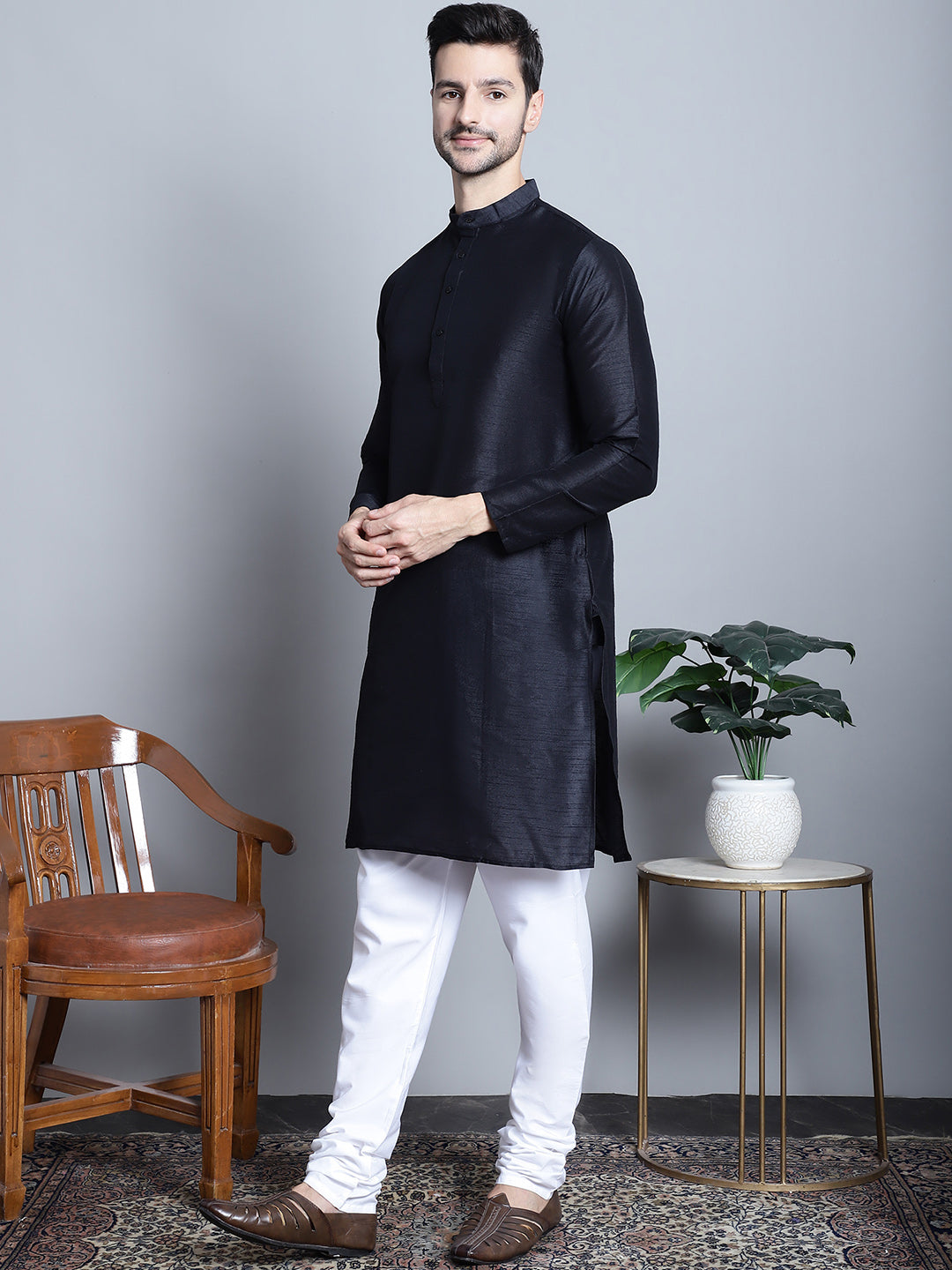 Jompers Men's Printed Nehru Jacket With Kurta Pyjama Set - Charcoal | Grocsy