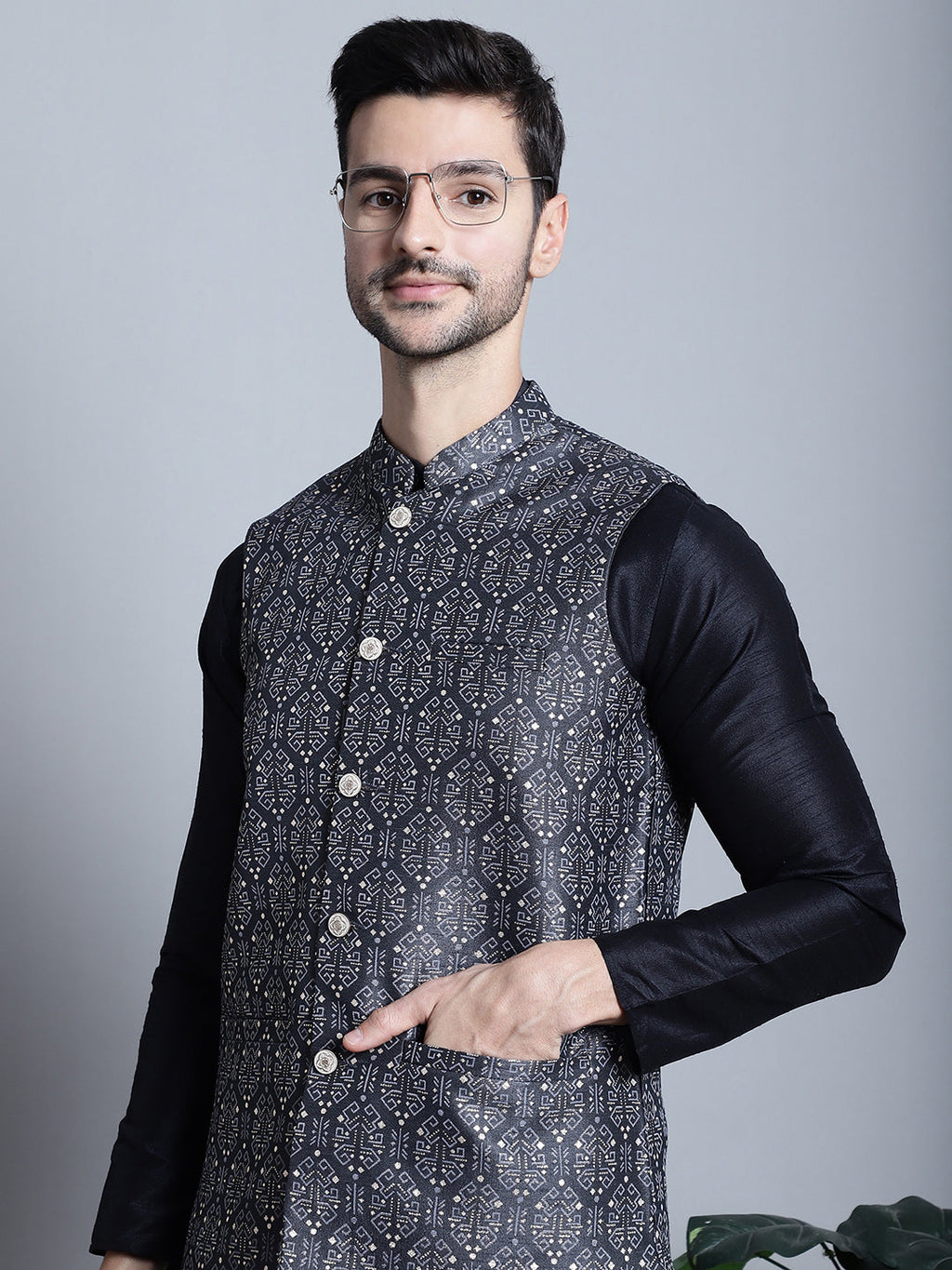 Jompers Men's Printed Nehru Jacket With Kurta Pyjama Set - Charcoal | Grocsy