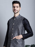 Jompers Men's Printed Nehru Jacket With Kurta Pyjama Set - Charcoal | Grocsy