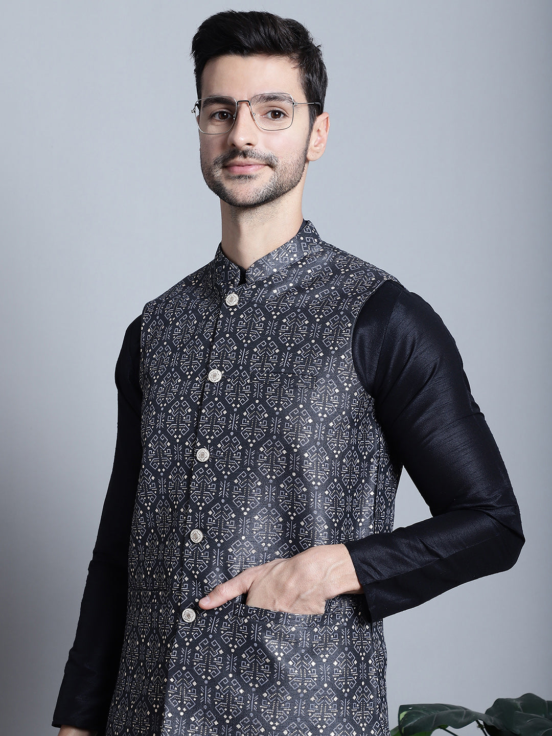 Jompers Men's Printed Nehru Jacket With Kurta Pyjama Set - Charcoal | Grocsy