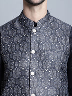 Jompers Men's Printed Nehru Jacket With Kurta Pyjama Set - Charcoal | Grocsy