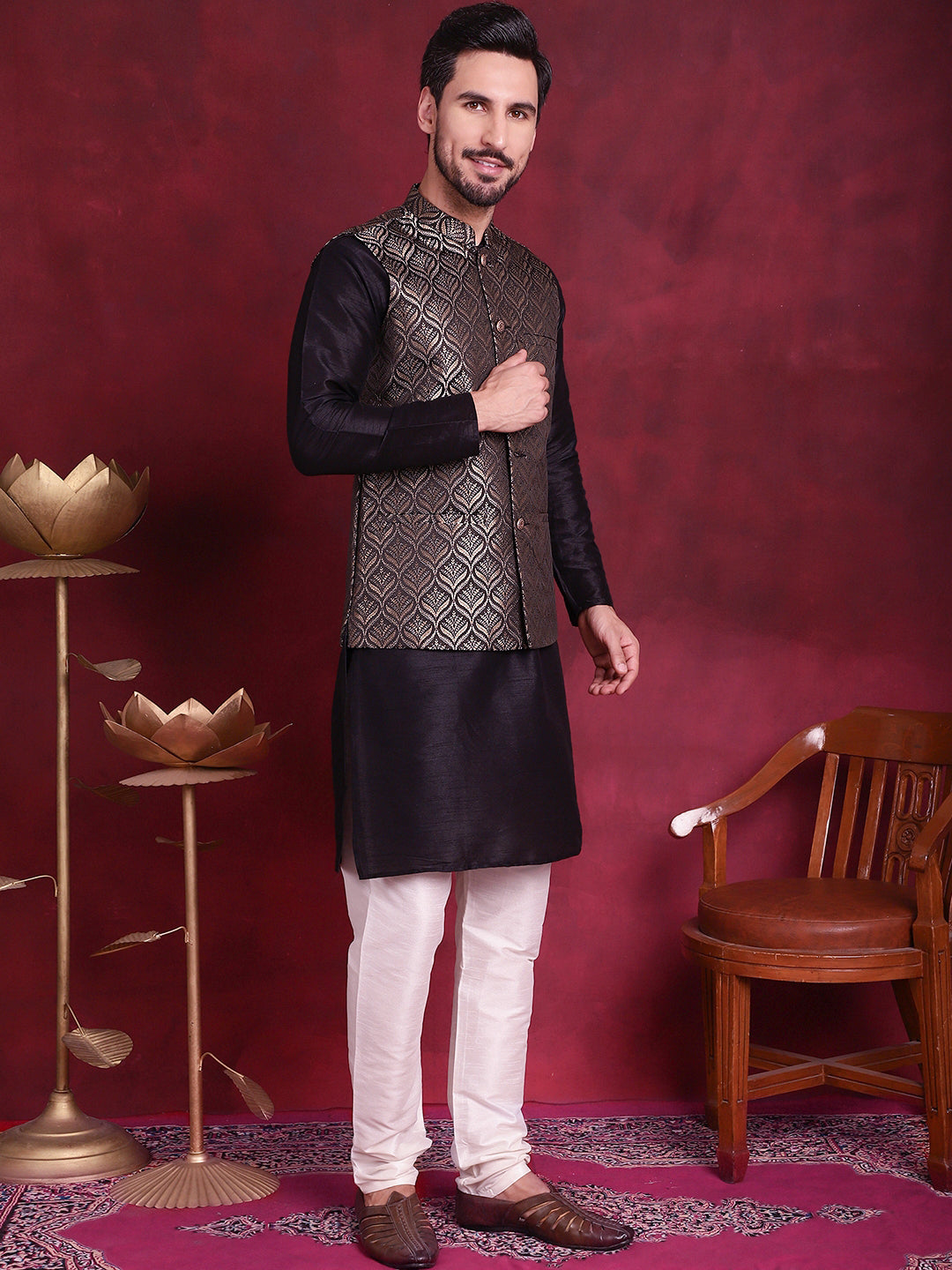 Jompers Men's Woven Design Nehru Jacket With Kurta Pyjama Set - Golden | Grocsy