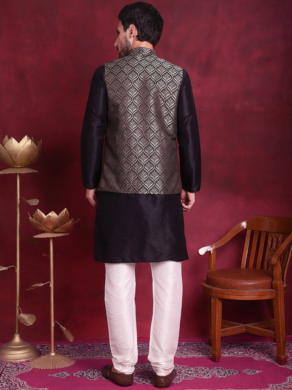 Jompers Men's Woven Design Nehru Jacket With Kurta Pyjama Set - Golden | Grocsy
