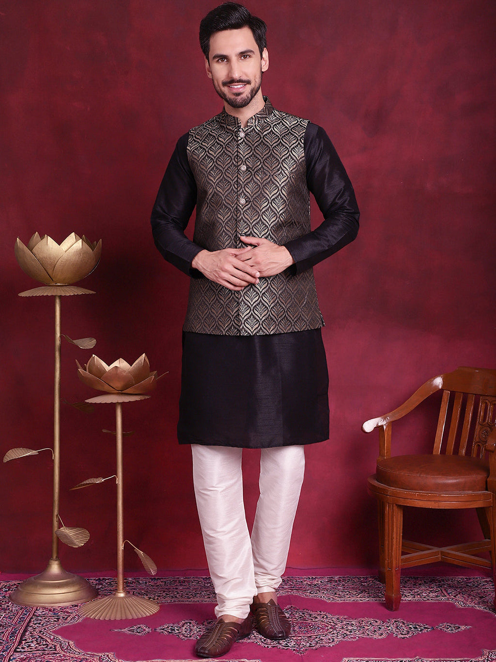 Jompers Men's Woven Design Nehru Jacket With Kurta Pyjama Set - Golden | Grocsy