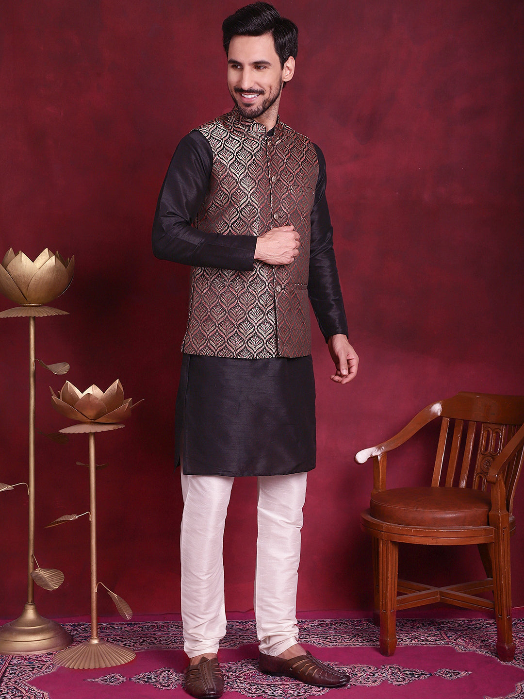 Jompers Men's Woven Design Nehru Jacket With Kurta Pyjama Set - Maroon | Grocsy
