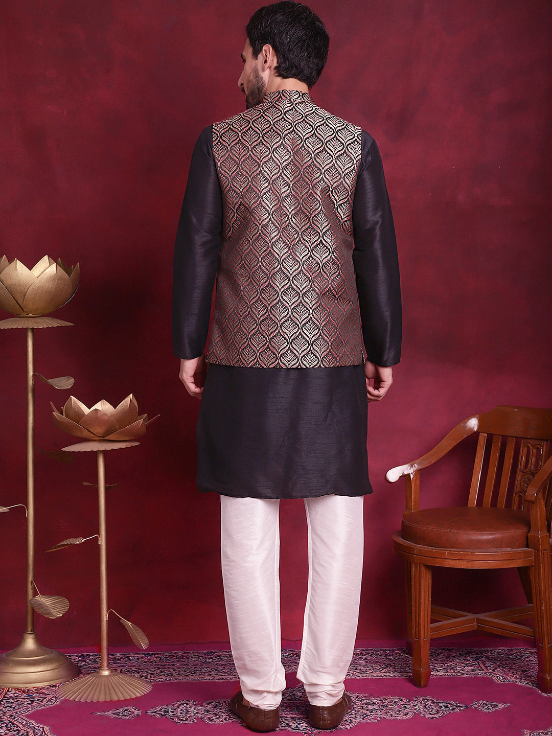 Jompers Men's Woven Design Nehru Jacket With Kurta Pyjama Set - Maroon | Grocsy