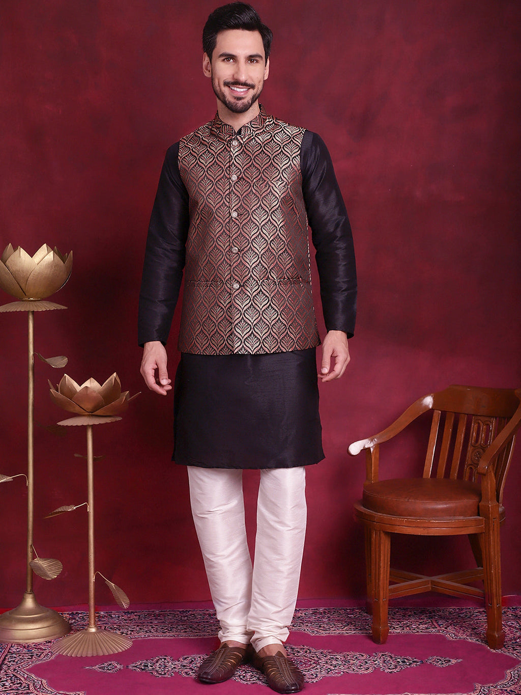 Jompers Men's Woven Design Nehru Jacket With Kurta Pyjama Set - Maroon | Grocsy
