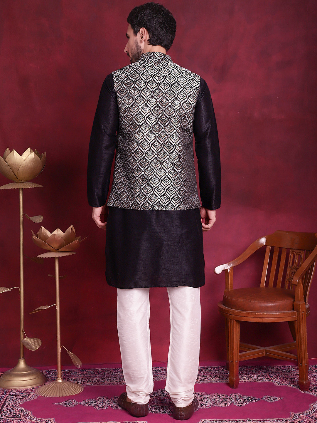 Jompers Men's Woven Design Nehru Jacket With Kurta Pyjama Set - Silver | Grocsy