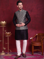Jompers Men's Woven Design Nehru Jacket With Kurta Pyjama Set - Silver | Grocsy