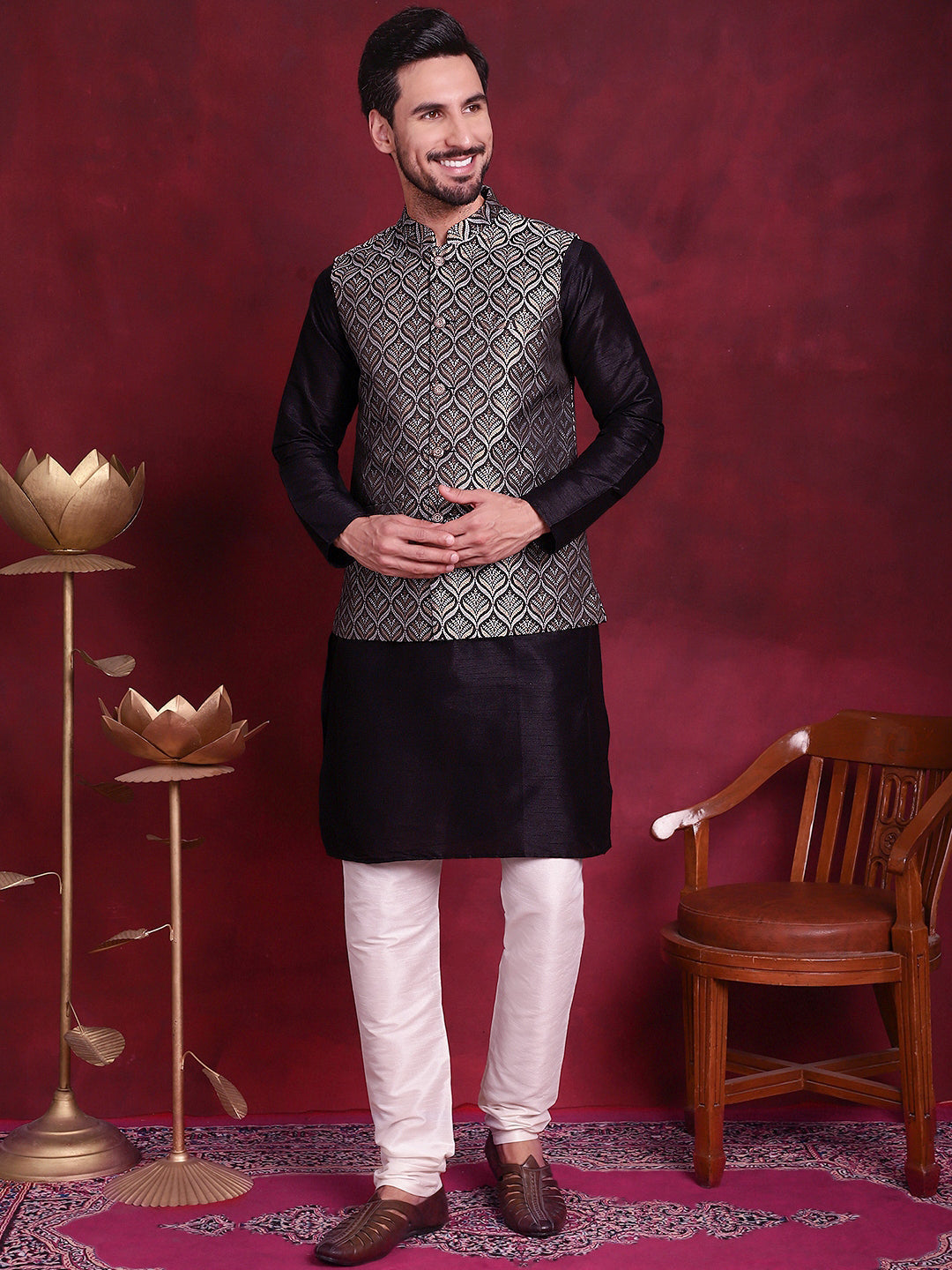 Jompers Men's Woven Design Nehru Jacket With Kurta Pyjama Set - Silver | Grocsy