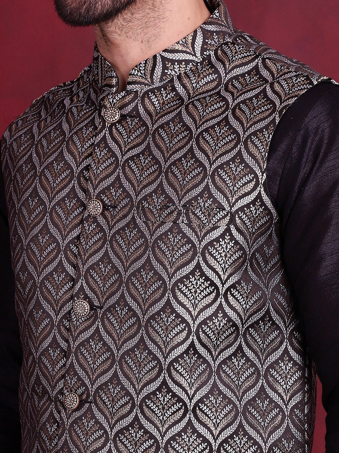 Jompers Men's Woven Design Nehru Jacket With Kurta Pyjama Set - Silver | Grocsy