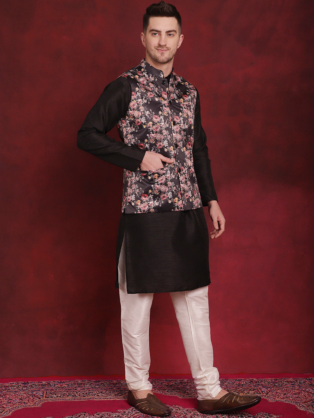 Jompers Men's Black Floral Printed Nehru Jacket With Kurta Pyjama Set | Grocsy