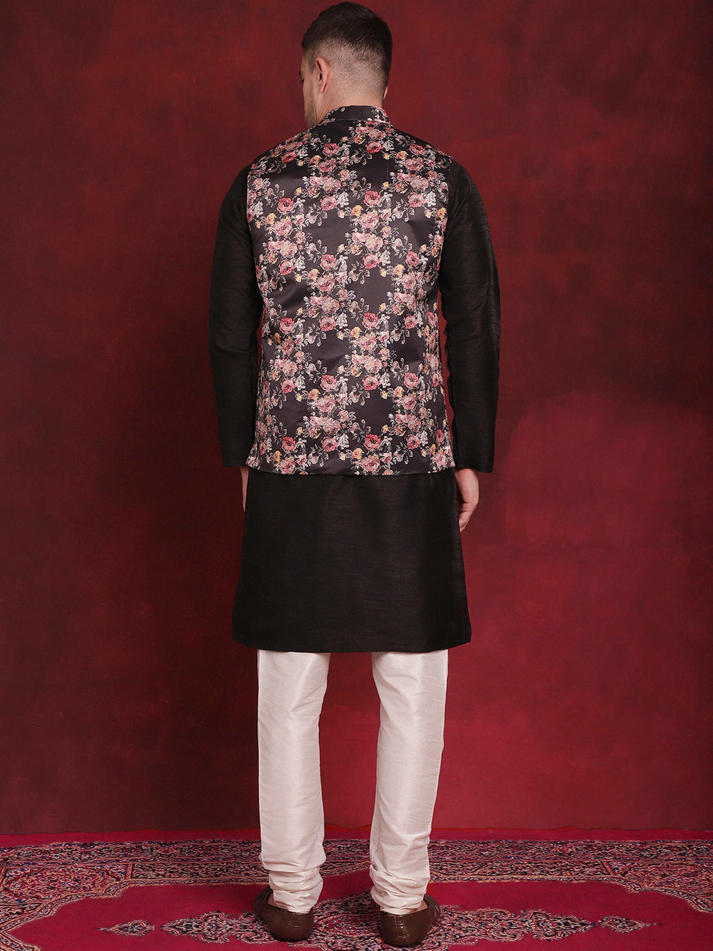 Jompers Men's Black Floral Printed Nehru Jacket With Kurta Pyjama Set | Grocsy