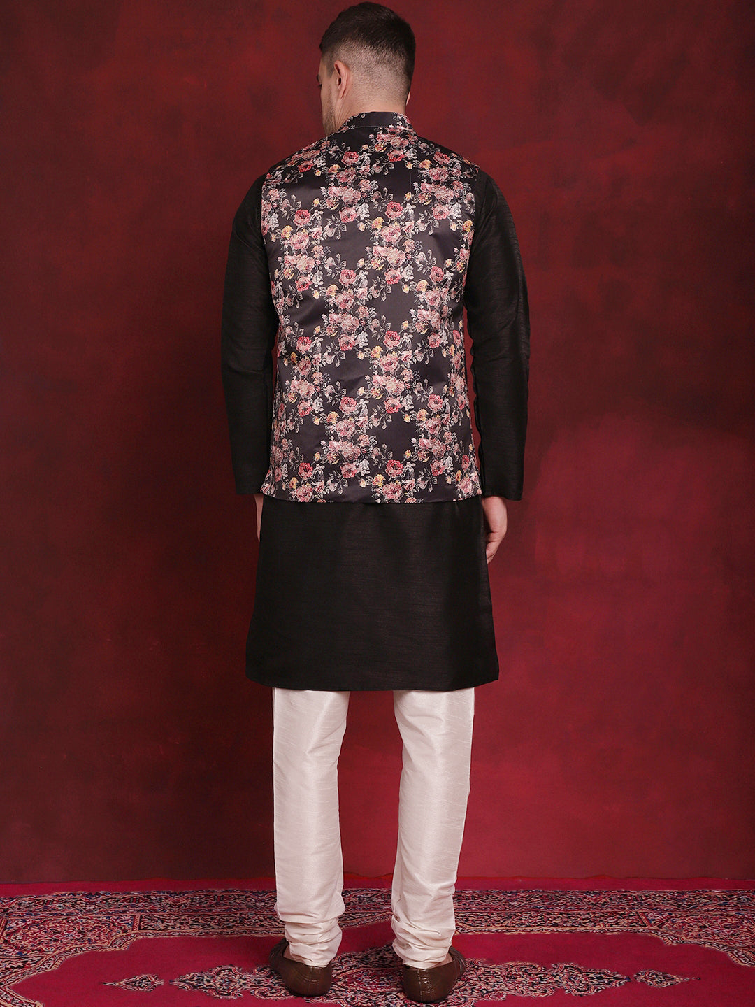 Jompers Men's Black Floral Printed Nehru Jacket With Kurta Pyjama Set | Grocsy