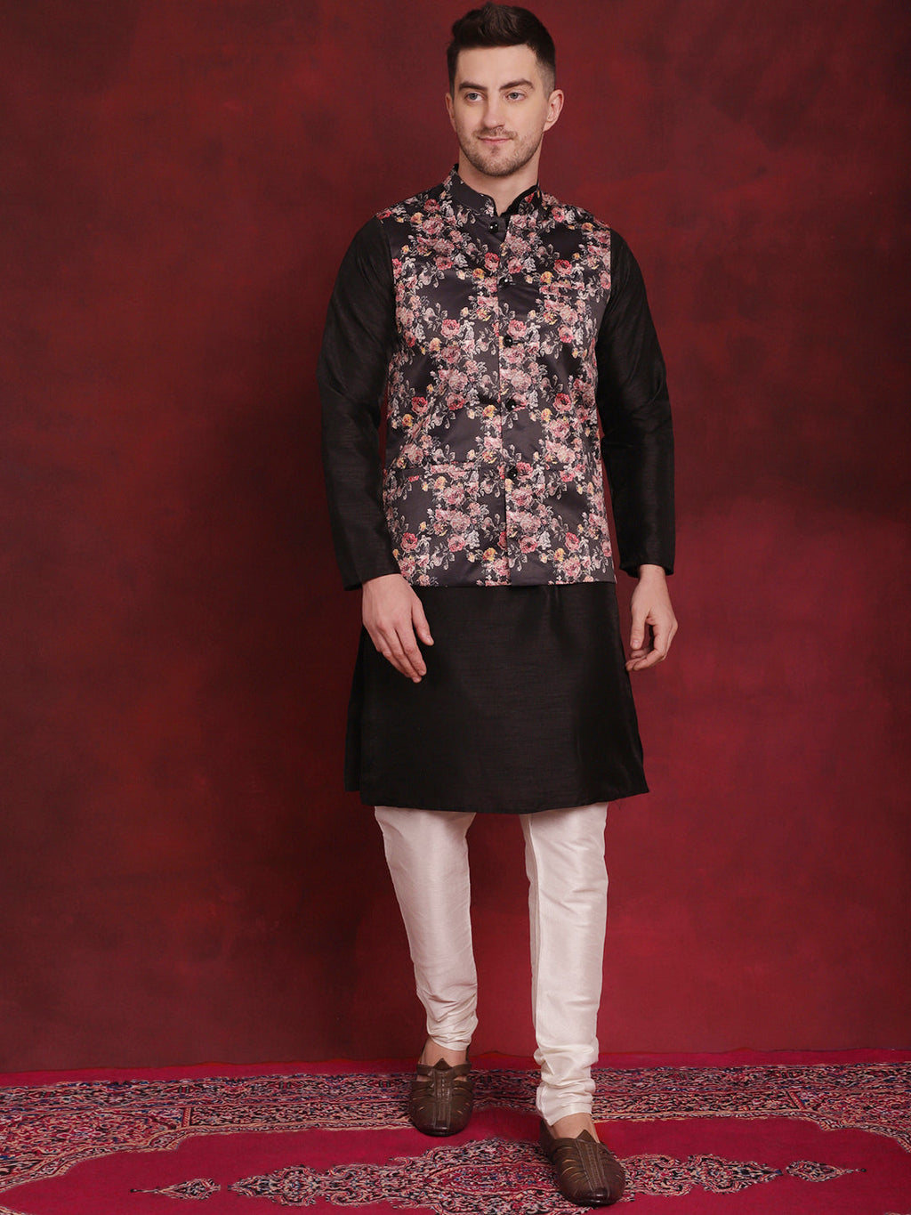 Jompers Men's Black Floral Printed Nehru Jacket With Kurta Pyjama Set | Grocsy