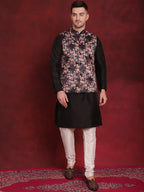 Jompers Men's Black Floral Printed Nehru Jacket With Kurta Pyjama Set | Grocsy