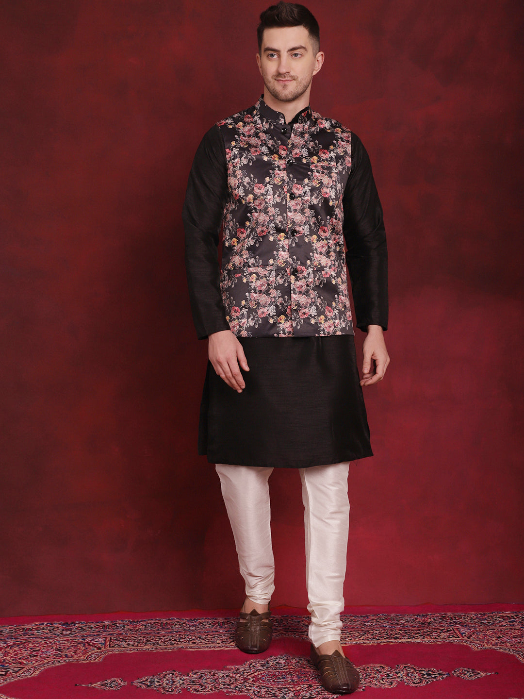 Jompers Men's Black Floral Printed Nehru Jacket With Kurta Pyjama Set | Grocsy