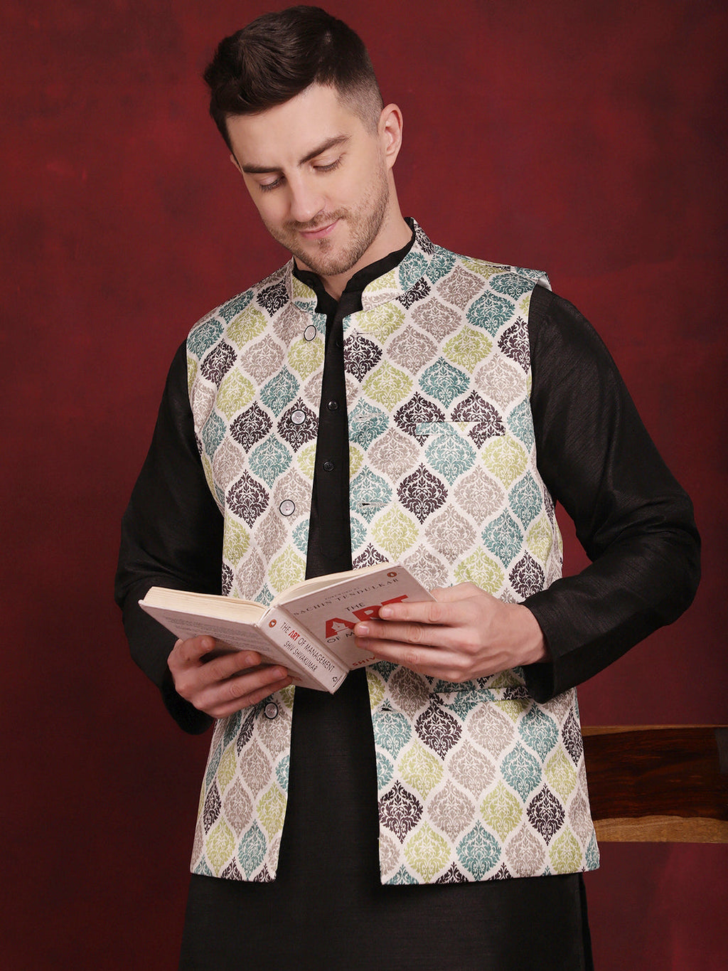 Jompers Men's Green Floral Printed Nehru Jacket With Kurta Pyjama Set | Grocsy