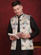 Jompers Men's Green Floral Printed Nehru Jacket With Kurta Pyjama Set | Grocsy