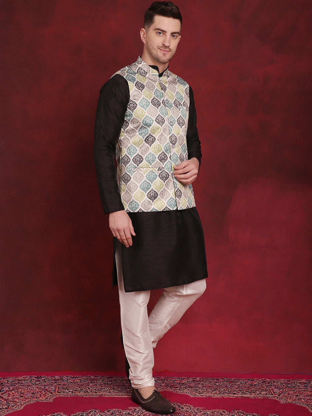 Jompers Men's Green Floral Printed Nehru Jacket With Kurta Pyjama Set | Grocsy