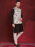 Jompers Men's Green Floral Printed Nehru Jacket With Kurta Pyjama Set | Grocsy