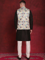 Jompers Men's Green Floral Printed Nehru Jacket With Kurta Pyjama Set | Grocsy