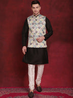 Jompers Men's Green Floral Printed Nehru Jacket With Kurta Pyjama Set | Grocsy