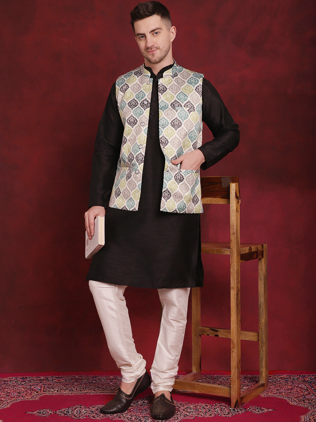 Jompers Men's Green Floral Printed Nehru Jacket With Kurta Pyjama Set | Grocsy