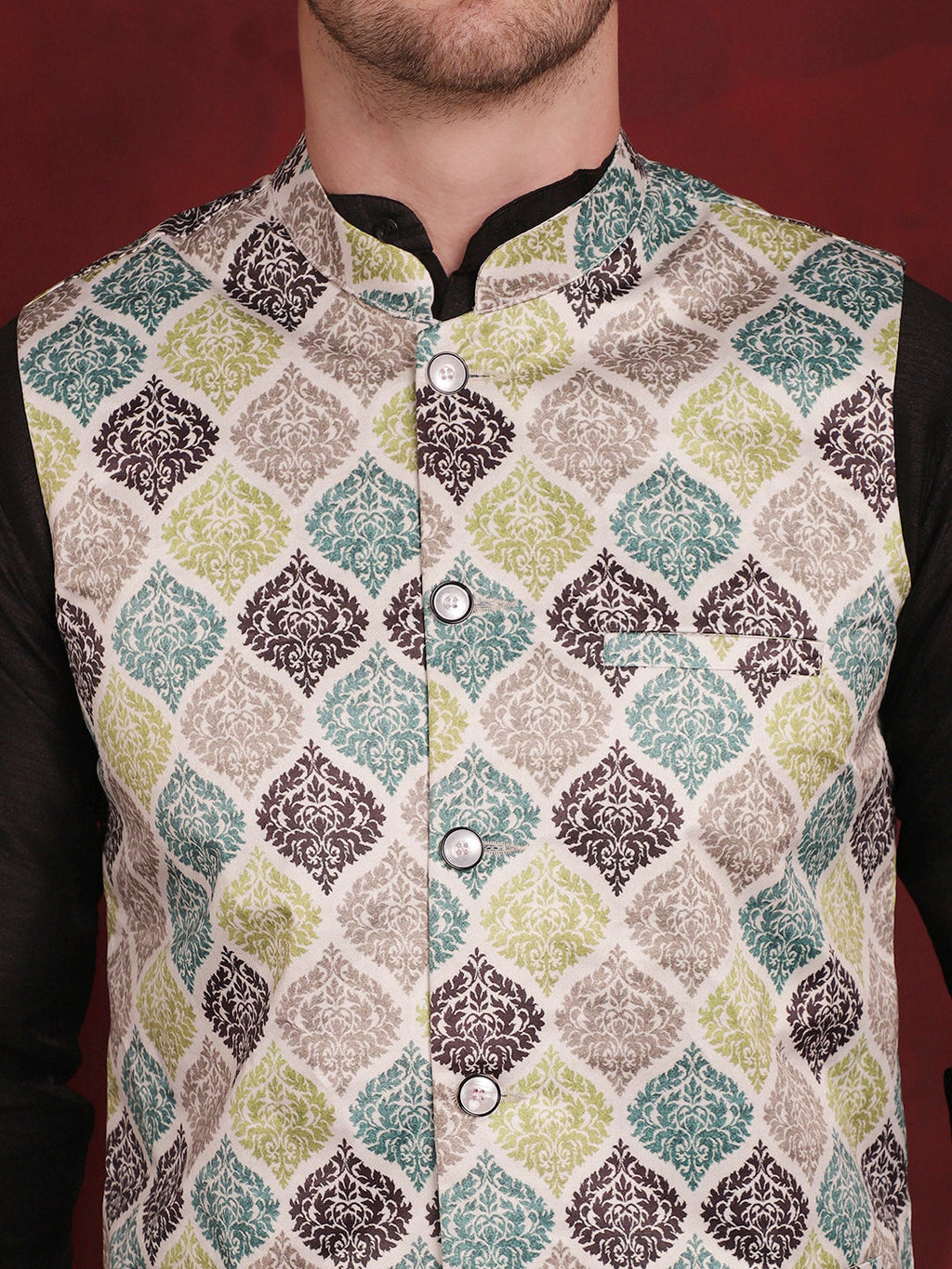 Jompers Men's Green Floral Printed Nehru Jacket With Kurta Pyjama Set | Grocsy