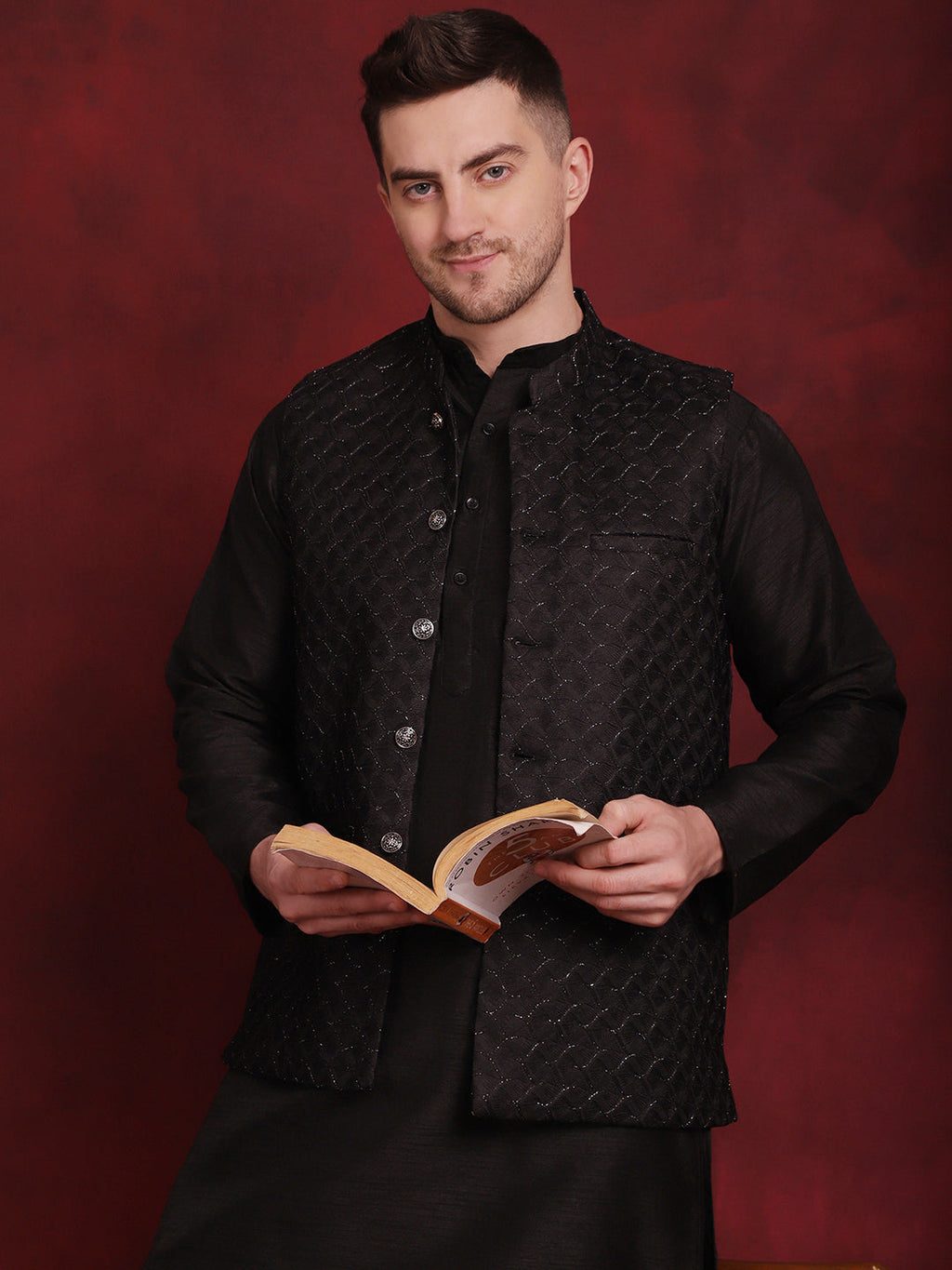 Jompers Men's Black Woven Design Nehru Jacket With Kurta Pyjama Set | Grocsy