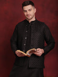 Jompers Men's Black Woven Design Nehru Jacket With Kurta Pyjama Set | Grocsy