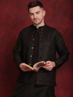 Jompers Men's Black Woven Design Nehru Jacket With Kurta Pyjama Set | Grocsy
