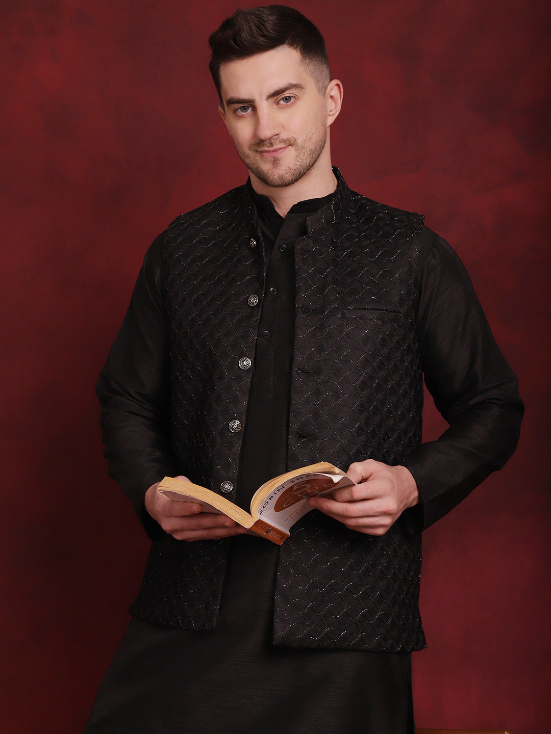 Jompers Men's Black Woven Design Nehru Jacket With Kurta Pyjama Set | Grocsy