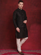 Jompers Men's Black Woven Design Nehru Jacket With Kurta Pyjama Set | Grocsy