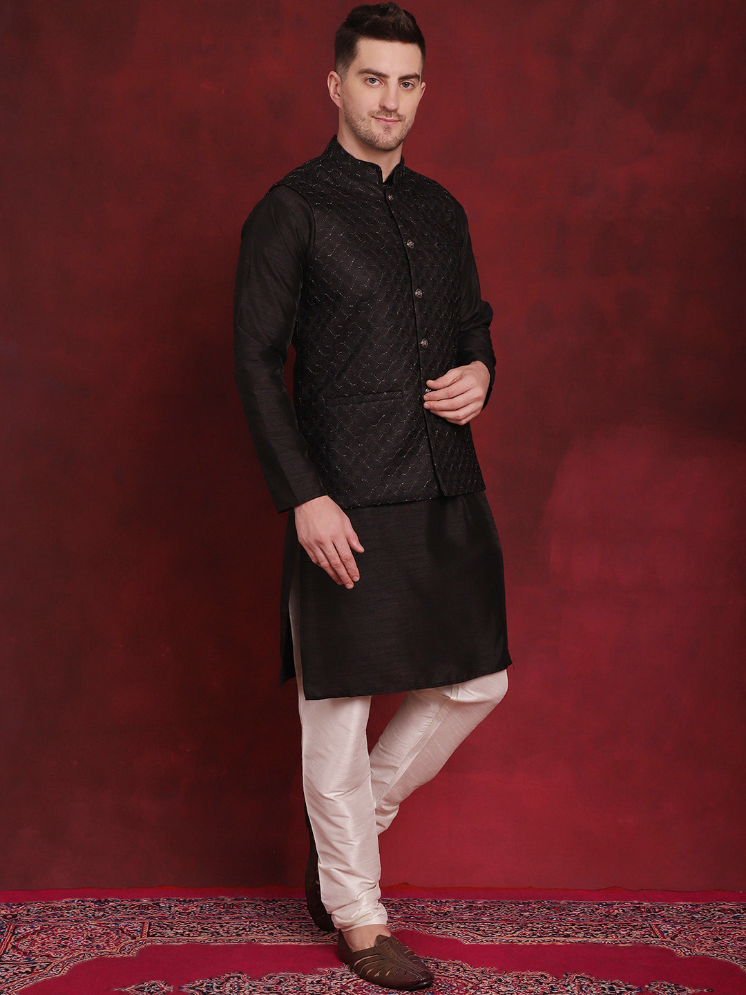 Jompers Men's Black Woven Design Nehru Jacket With Kurta Pyjama Set | Grocsy